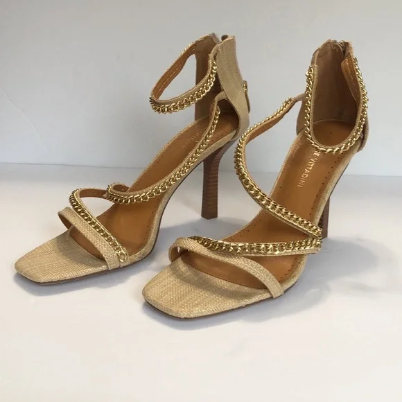 Adrienne Vittadini Sand & Gold Open Toe Back Zip Strappy Heeled Sandals size 9.5 - Picture 3 of 13